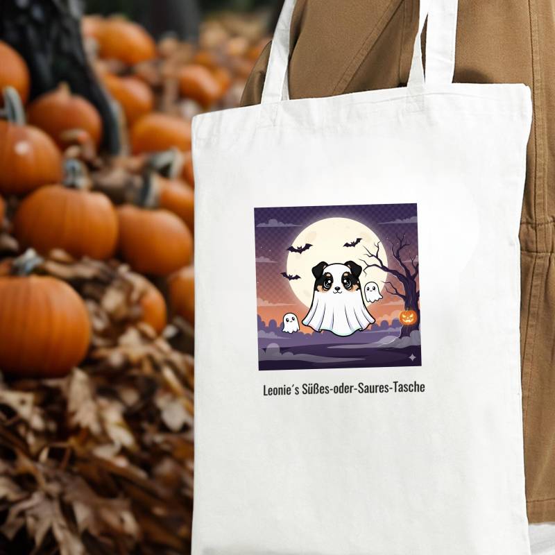 Personalisierte Halloween-Tasche Australian Shepherd Black Tri Geist | Süßes-Oder-Saures-Tasche Aussie Mit Name von NicolesAussieLove