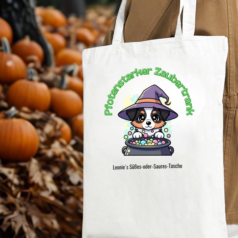 Personalisierte Halloween-Tasche Australian Shepherd Black Tri Mit Hexenhut | Süßes-Oder-Saures-Tasche Aussie von NicolesAussieLove