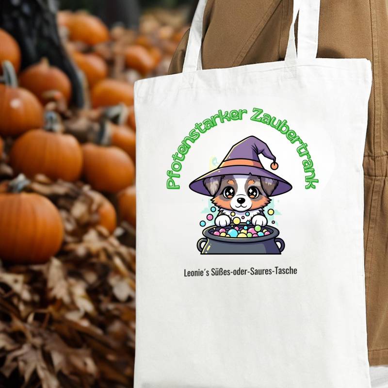 Personalisierte Halloween-Tasche Australian Shepherd Blue Merle Mit Hexenhut | Süßes-Oder-Saures-Tasche Aussie von NicolesAussieLove
