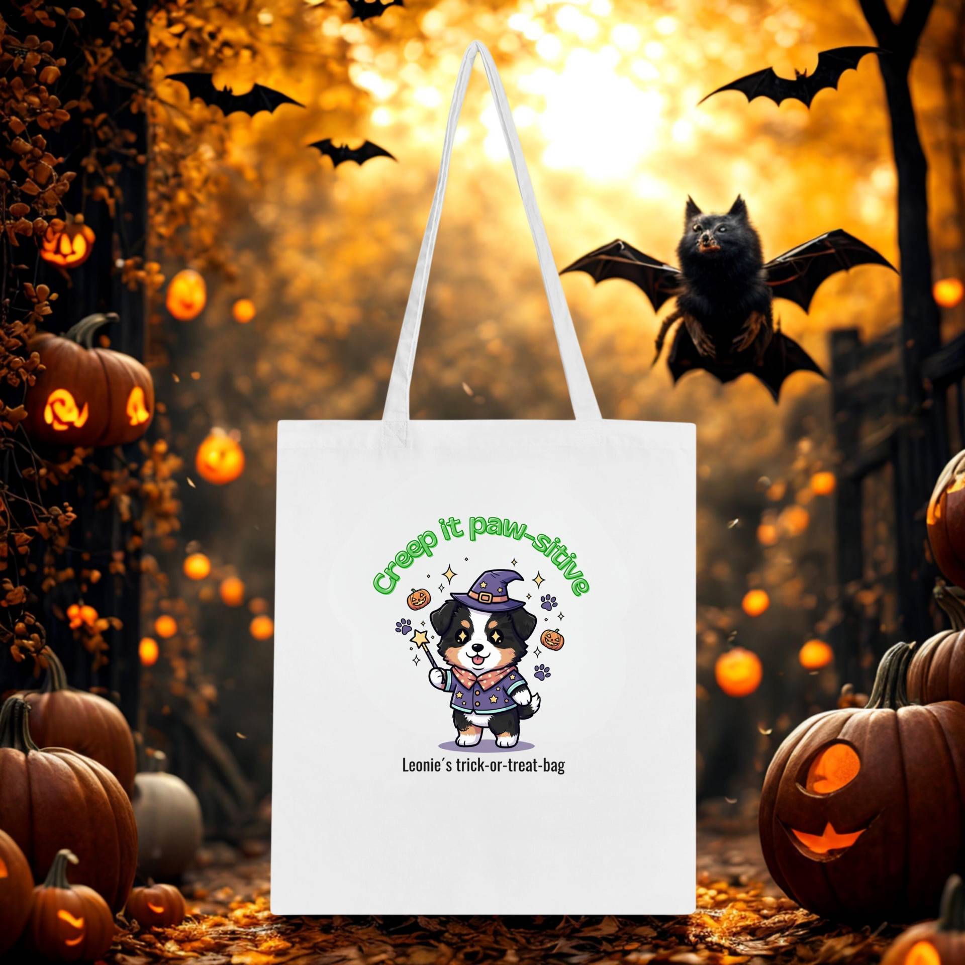 Personalized Halloween Tote Bag Australian Shepherd Black Tri Wizard Puppy | Trick Or Treat For Kids Personalization Custom von NicolesAussieLove