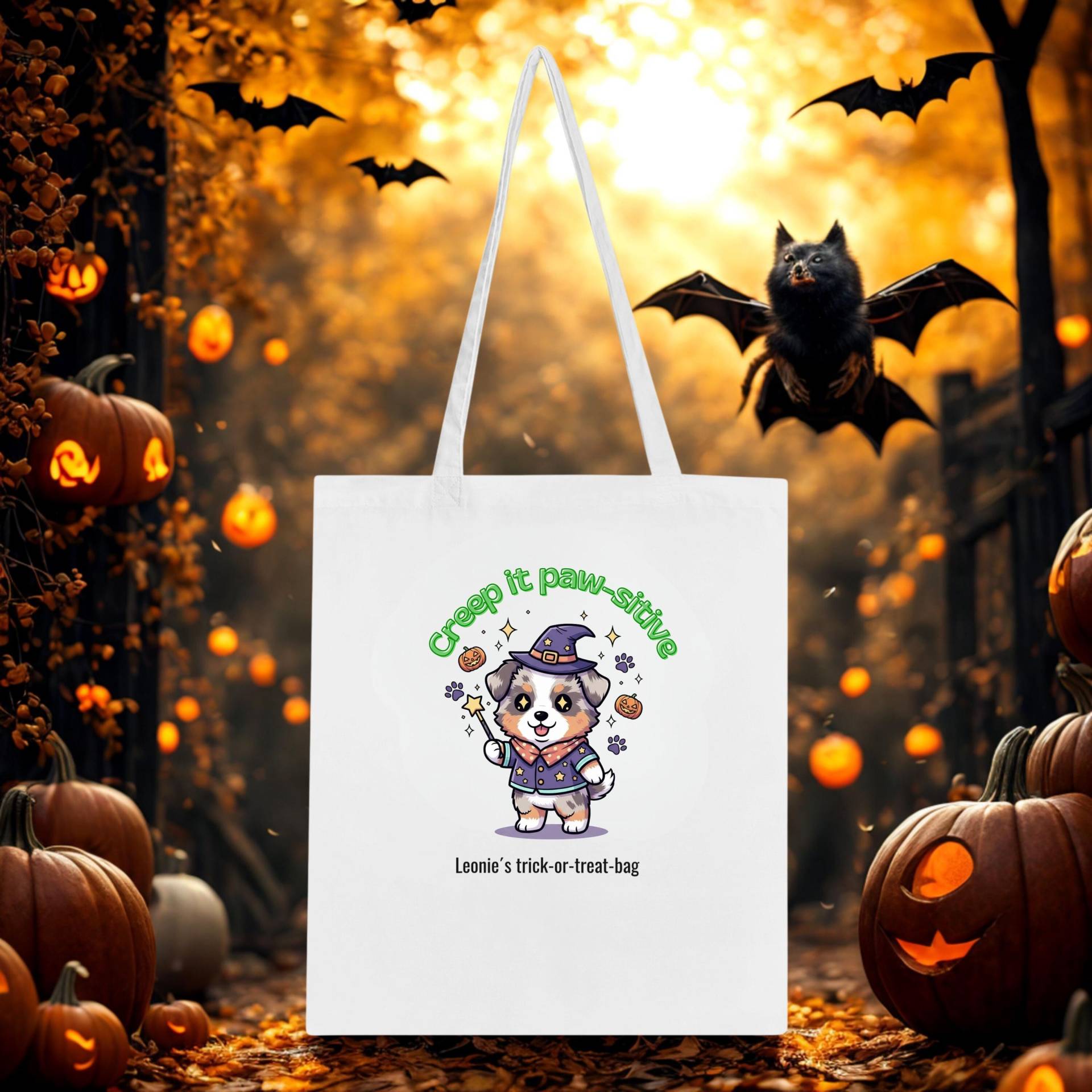 Personalized Halloween Tote Bag Australian Shepherd Blue Merle Wizard Puppy | Trick Or Treat For Kids Personalization Kids, Custom von NicolesAussieLove
