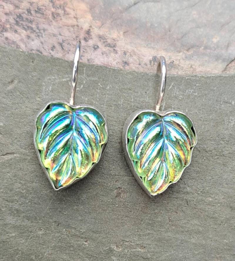 Sterling Silber Ohrringe Grünes Blatt Vintage Glas 1920Er Jahre Art Deco Stil Schmuck 303 von NicolettesJewelry