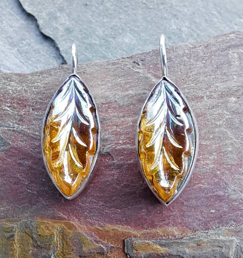 sterling Silber Ohrringe Gelbe Blatt-Ohrringe Vintage Glasblatt-Ohrringe 589 von NicolettesJewelry