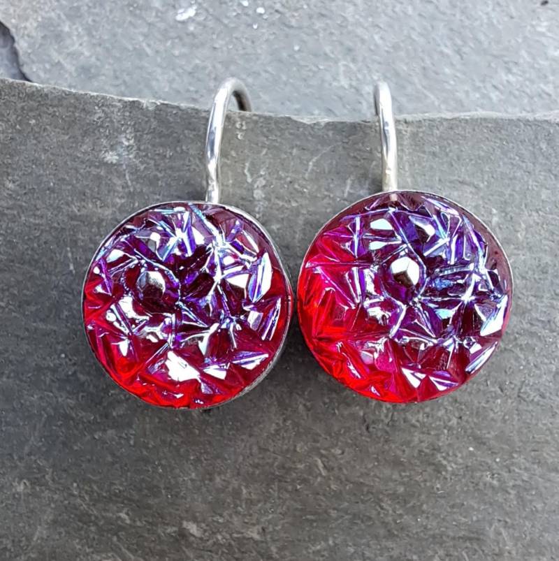 sterling Silber Ohrringe Rote Vintage Glasohrringe Art Deco Ohrhänger 599 von NicolettesJewelry