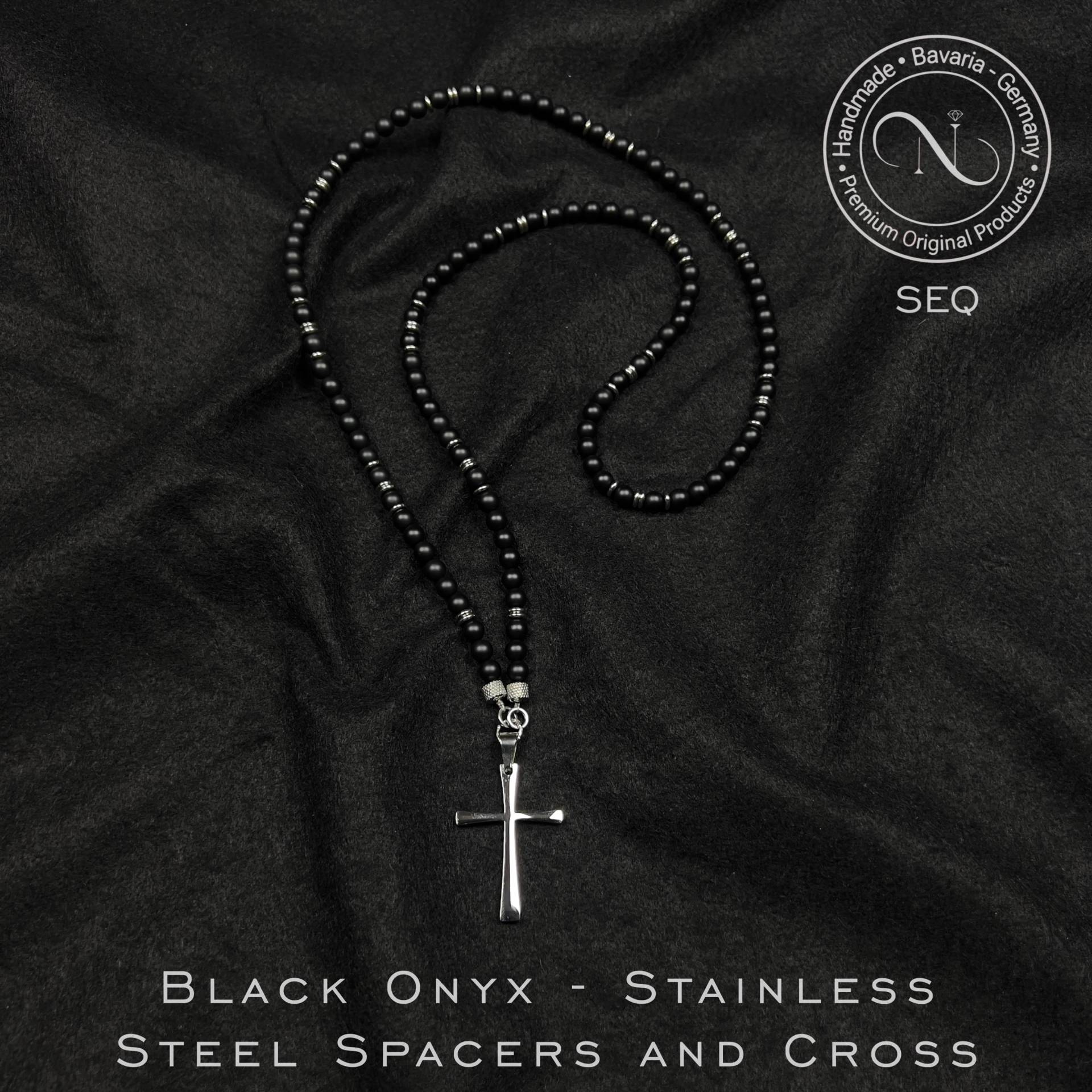 Elegante Herren Halskette Schwarz Onyx Und Edelstahl 6 Mm Perlen Kreuz Anhänger Geschenk Für Ihn von Nicollemade
