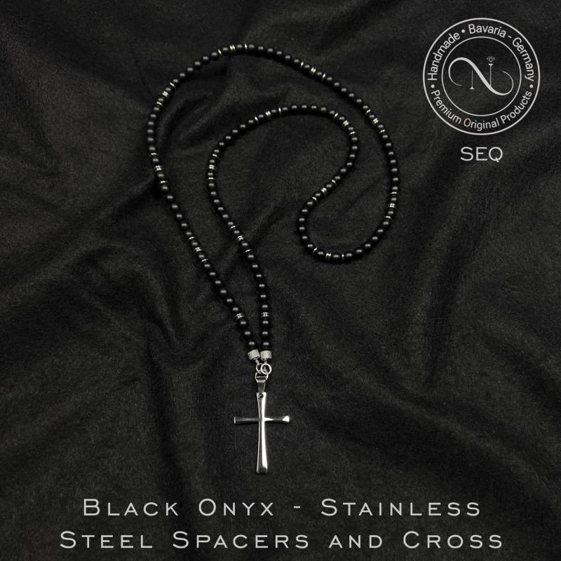 Elegante Herren Halskette Schwarz Onyx Und Edelstahl 6 Mm Perlen Kreuz Anhänger Geschenk Für Ihn von Nicollemade