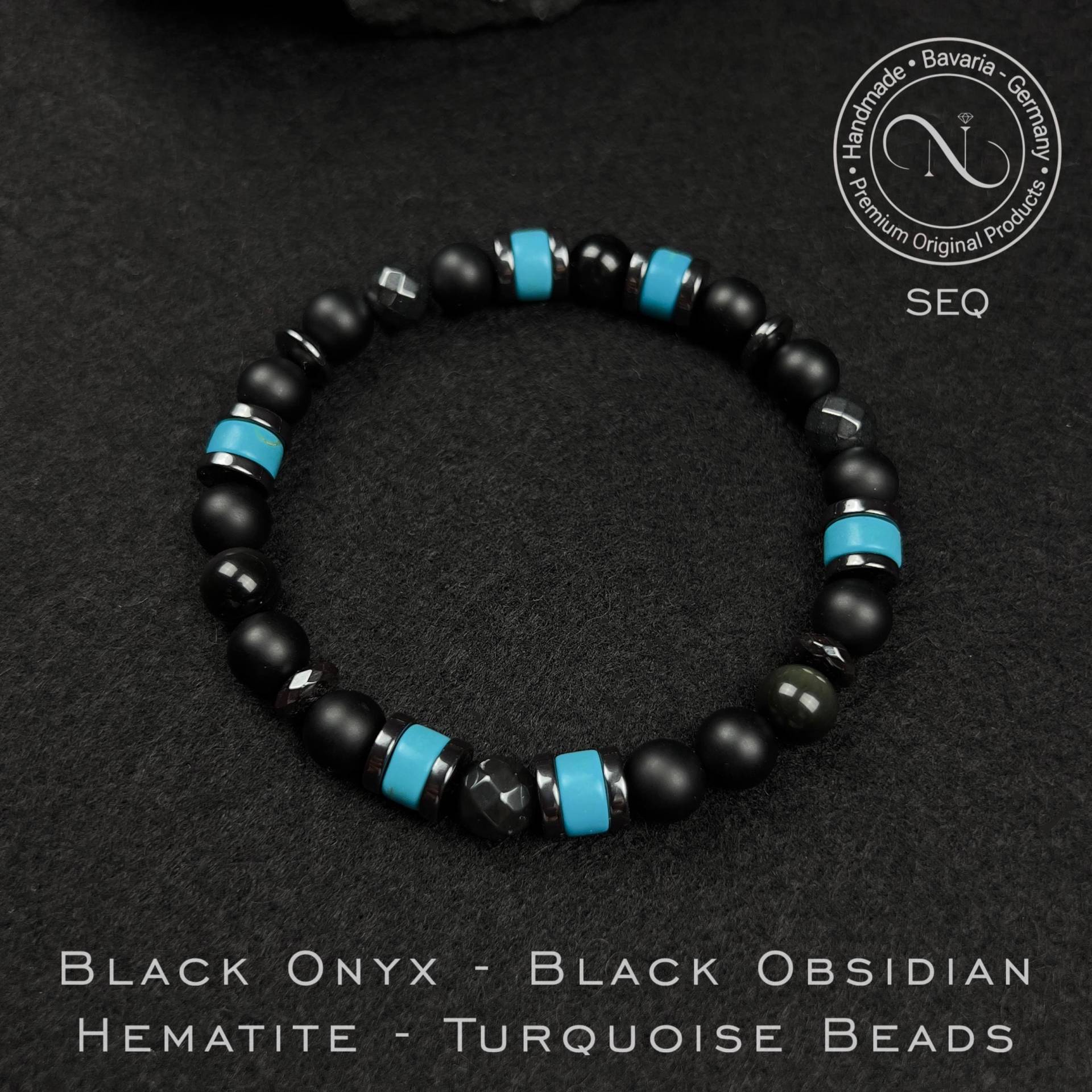 Herren Armband Schwarz Onyx Obsidian Hämatit Türkis 8 Mm Perlen Premium Boho Handgemachter Schmuck Geschenk Für Ihn von Nicollemade