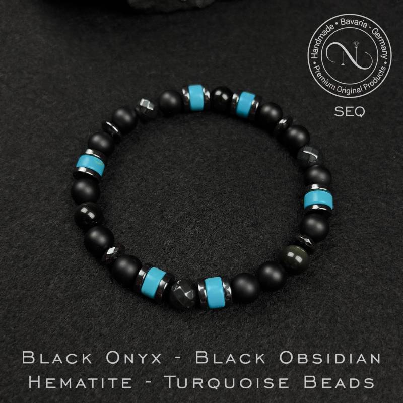 Herren Armband Schwarz Onyx Obsidian Hämatit Türkis 8 Mm Perlen Premium Boho Handgemachter Schmuck Geschenk Für Ihn von Nicollemade
