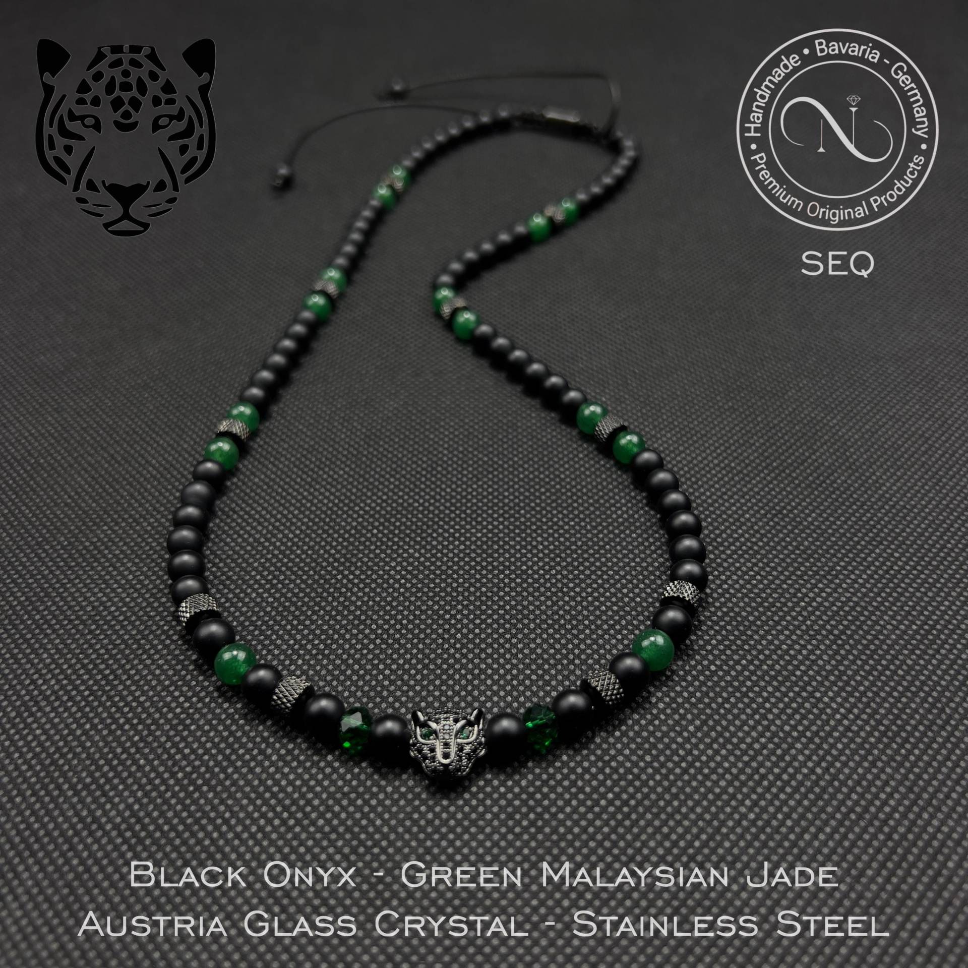Schwarze Onyx & Grüne Jade Perlen Halskette Für Männer Verstellbarer Handgefertigter Schmuck Mit Edelstahl Akzenten Schwarzer Leopardenkopf von Nicollemade