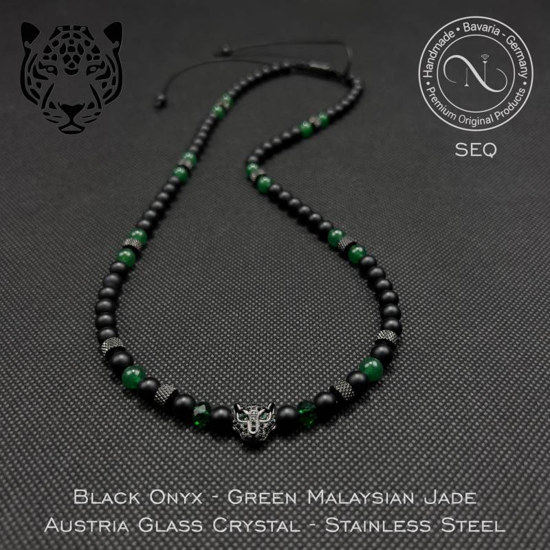 Schwarze Onyx & Grüne Jade Perlen Halskette Für Männer Verstellbarer Handgefertigter Schmuck Mit Edelstahl Akzenten Schwarzer Leopardenkopf von Nicollemade