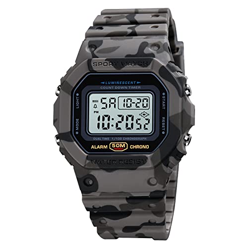 Nicoone Mens Digital Backlight Waterproof Sports Watch Shockproof Alarm Stopwatch Countdown (Graues Tarnmuster) von Nicoone
