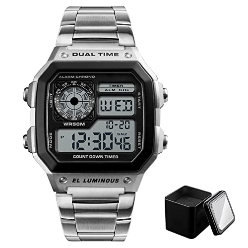 Nicoone Uhren Für Männer, Mode Digital Uhr Edelstahl Band Wasserdicht Stilvolle Business Armbanduhr mit Box von Nicoone