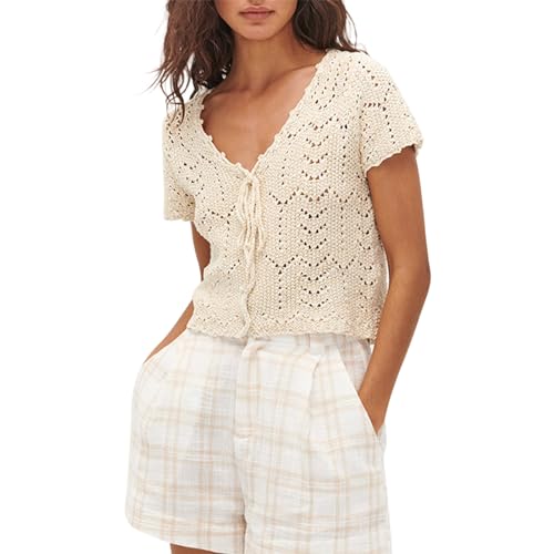 Häkelweste für Damen, Y2K-Strick, Sommerweste, kurze Ärmel, ausgehöhlt, Knopfleiste, Vintage, lässig, bauchfrei, Streetwear, beige, 38 Häkelweste für Damen, Y2K-Strick, Sommerweste, kurze Ärmel, ausgehöhlt, Knopfleiste, Vintage, lässig, bauchfrei, Streetwear, beige, 38 von Nicoxijia