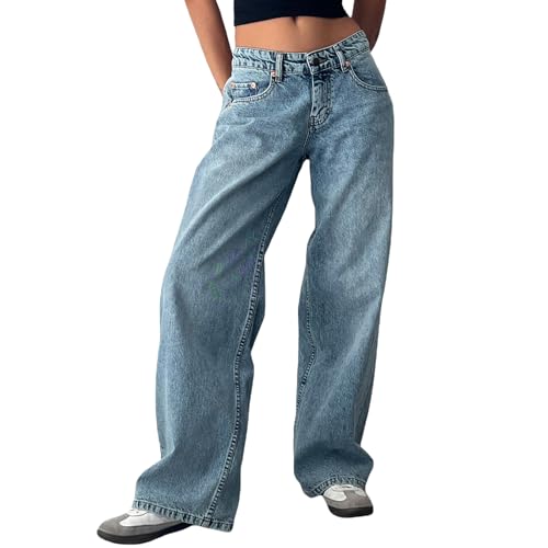 Nicoxijia Damen Boyfriend-Jeans mit weitem Bein, Y2K, gerades Bein, Baggy-Denim-Hose, niedrige Leibhöhe, lockere Cargo-Jeans, Streetwear-Hose, hellblau, M von Nicoxijia