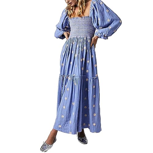 Nicoxijia Damen Maxikleid mit Blumenstickerei, Laternenärmel, quadratischer Ausschnitt, gestuftes, fließendes Kleid mit Taschen, Maxikleid, hellblau, Small von Nicoxijia