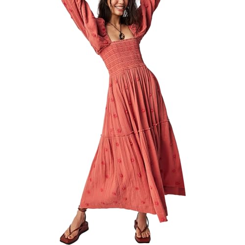 Nicoxijia Damen Maxikleid mit Blumenstickerei, Laternenärmel, quadratischer Ausschnitt, gestuftes, fließendes Kleid mit Taschen, Maxikleid, wassermelone, L von Nicoxijia