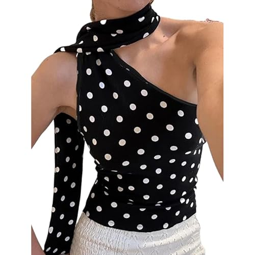 Nicoxijia Damen Polka Dots Tie Front Tops Mesh Neckholder Crop Camisole Ärmellos Neckholder Crop Shirt Rückenfrei Tank Top mit Schal, B-schwarz, M von Nicoxijia