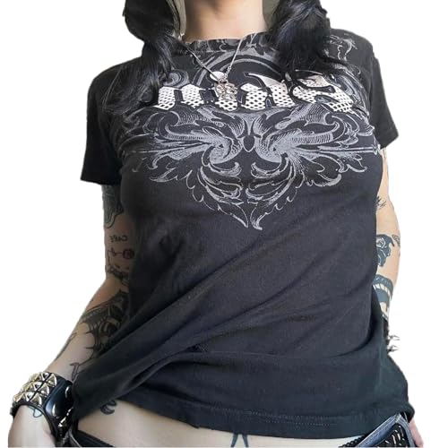 Nicoxijia Damen Y2K Kurzarm-Top, Shirt, Fee, Grunge-Grafikdruck, T-Shirts, Vintage, ästhetisch, bauchfrei, Gothic, Streetwear, 1 m, Schwarz, Large von Nicoxijia