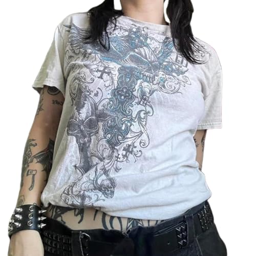 Nicoxijia Damen Y2K Kurzarm-Top, Shirt, Fee, Grunge-Grafikdruck, T-Shirts, Vintage, ästhetisch, bauchfrei, Gothic, Streetwear, 1 m, Weiß, Large von Nicoxijia