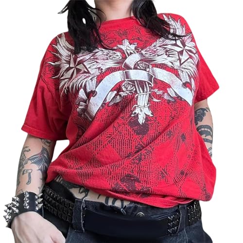 Nicoxijia Damen Y2K Kurzarm-Top Shirt Fee Grunge-Grafikdruck T-Shirts Vintage ästhetisch bauchfrei Gothic Streetwear 1H Rot M von Nicoxijia