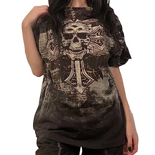Nicoxijia Damen Y2K Kurzarm-Top Shirt Fee Grunge-Grafikdruck T-Shirts Vintage ästhetisch bauchfrei Gothic Streetwear 2D-Dunkelgrau Small von Nicoxijia