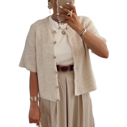 Nicoxijia Damen Y2K Sommer Button Down Sweater Cardigans Shirts Kurzarm Strickbluse Top Ausgehen Cropped Knit Tops, C-Khaki, M von Nicoxijia