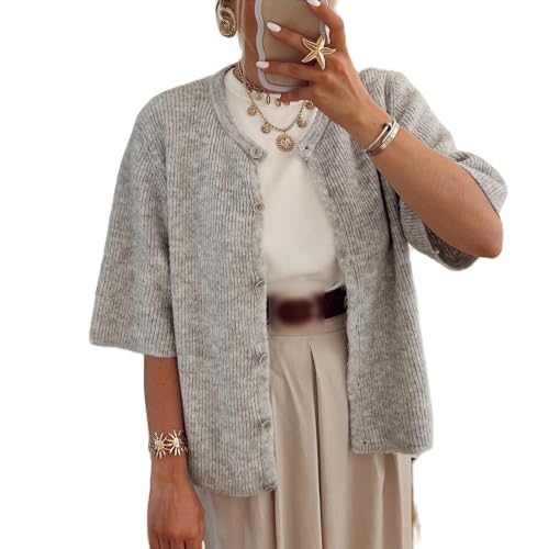 Nicoxijia Damen Y2K Sommer Button Down Sweater Cardigans Shirts Kurzarm Strickbluse Top Ausgehen Cropped Knit Tops, C-grau, M von Nicoxijia