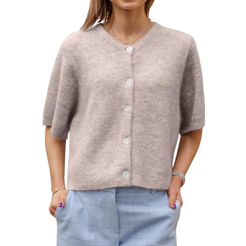 Nicoxijia Damen Y2K Sommer Button Down Sweater Cardigans Shirts Kurzarm Strickbluse Top Ausgehen Cropped Knit Tops, hellbraun, M von Nicoxijia
