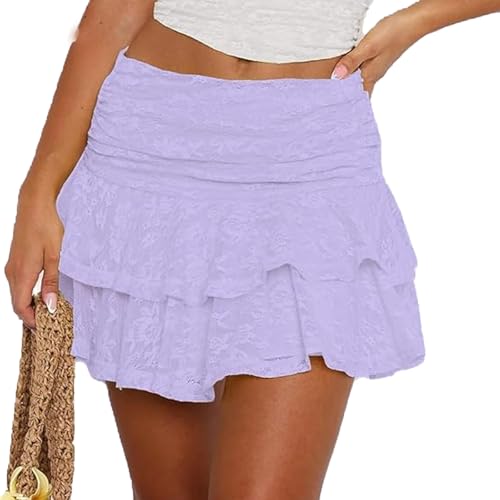 Nicoxijia Damen Y2K Spitze Minirock Low Rise Layered Rüschen Saum Flowy Short Rock Unterrock Sommer Mesh Fee Rüschen Rock, violett, S von Nicoxijia
