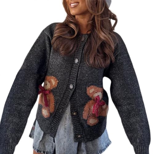 Nicoxijia Damen Y2K Strickjacke mit Knopfleiste, langärmelig, niedlicher Schleife, Bär, vorne offen, Cropped-Strickjacke, Herbstmantel, Outwear, Schwarz , L Nicoxijia Damen Y2K Strickjacke mit Knopfleiste, langärmelig, niedlicher Schleife, Bär, vorne offen, Cropped-Strickjacke, Herbstmantel, Outwear, Schwarz , L von Nicoxijia