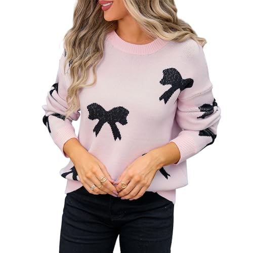 Nicoxijia Damen Y2k Bownot Print Crochet Pullover Sweater Crewneck Oversized Knit Jumper Langarm Pullover Tops Streetwear, C-schwarz, M von Nicoxijia