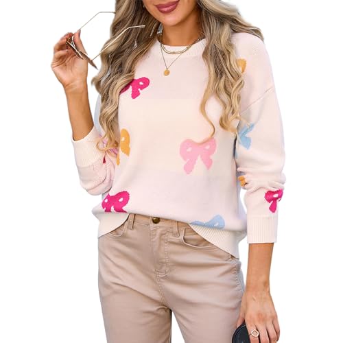 Nicoxijia Damen Y2k Strickpullover mit Schleifen-Aufdruck, Rundhalsausschnitt, übergroßer Strickpullover, Langarm-Pullover, Tops, Streetwear, D-weiß, XL von Nicoxijia