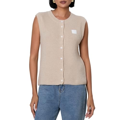 Nicoxijia Y2K-Strickweste für Damen, im Vintage-Stil, bauchfreies Top, ärmellos, mit Knopfleiste, Cardigan, gehäkelte Weste, Oberteil, lässig, Streetwear, khaki, XL von Nicoxijia