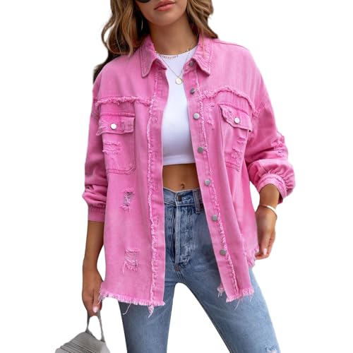 Nicoxijia Jeansjacke für Damen, zerrissene Used-Look, lange Ärmel, ausgefranster Saum, Knopfleiste vorne, Boyfriend-Jeansmantel, lässig, Western-Shacket, rose, XXL von Nicoxijia