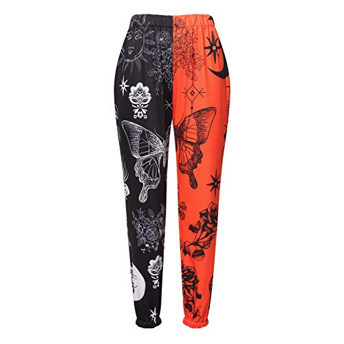 Nicoxijia Y2K Damen-Jogginghose mit Graffiti-Grafikdruck, elastische Taille, lässig, Farbblock, lockere Baggy-Jogginghose mit Taschen, C-Black Orange Butterfly, L von Nicoxijia