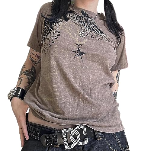 Nicoxijia Y2K Damen-Top, kurzärmelig, Feen-Grunge-Grafikdruck, Vintage-Stil, ästhetisch, bauchfrei, Gothic, Streetwear, 1B, braun, Large von Nicoxijia