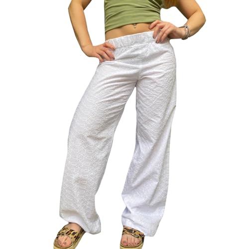Nicoxijia Y2K Gestreifte Loungehose für Damen, weites Bein, lockere elastische Taille, kariert, Nadelstreifen, Hose zum Ausgehen, Streetwear, Y2K-Weiß, L von Nicoxijia