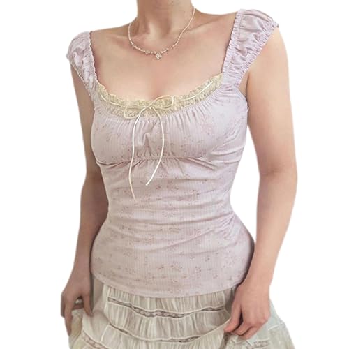 Y2K Damen-T-Shirt, kurzärmelig, Spitzenbesatz, quadratischer Ausschnitt, Vintage-T-Shirt, ästhetisch, Teenager, Mädchen, schmale Passform, 2D-Rosa, M Y2K Damen-T-Shirt, kurzärmelig, Spitzenbesatz, quadratischer Ausschnitt, Vintage-T-Shirt, ästhetisch, Teenager, Mädchen, schmale Passform, 2D-Rosa, M von Nicoxijia