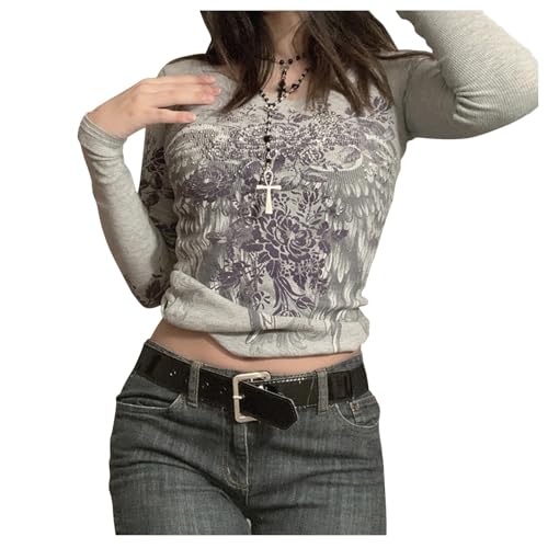 Y2k Fairy Grunge Damen-T-Shirt, langärmelig, Vintage-Grafik, bauchfreies Top, ästhetisches T-Shirt, Teenager, Mädchen, schmale Passform, 4B-Grau, Small Y2k Fairy Grunge Damen-T-Shirt, langärmelig, Vintage-Grafik, bauchfreies Top, ästhetisches T-Shirt, Teenager, Mädchen, schmale Passform, 4B-Grau, Small von Nicoxijia