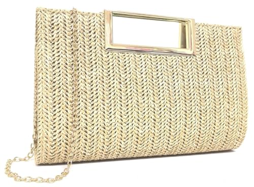 Stroh-Clutch, Abendtasche, Damen-Handtasche mit Tragegriff oben, Sommer-Strandtasche, Unterarm-Umhängetasche, Umhängetasche, Tragetasche, Beige Gelb, Small von Niction