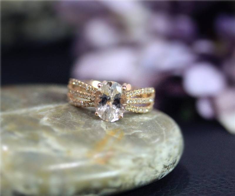 0, 38 Ct Diamanten Vintage Style 7x9mm Oval Natürliche Rosa Vs Morganit Ring Fest 14K Rose Gold Engagament Ehering Jahrestag von NidaRings