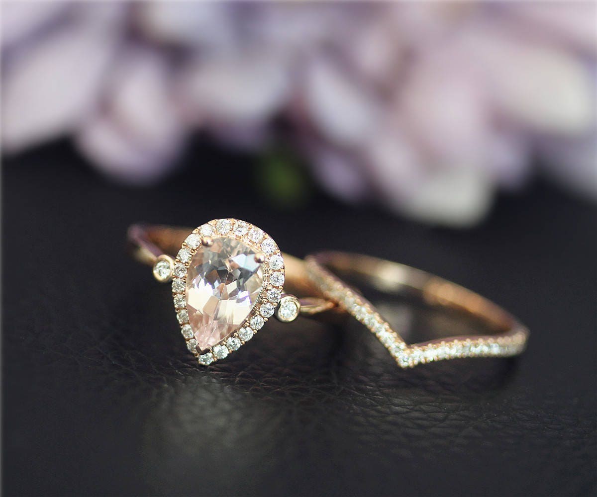 14 K Rose Gold Verlobungsring Set Birne Natur Vs Rosa Morganit Ring Set, Solide 14K Ringset Hochzeits-Set, Geschenke von NidaRings