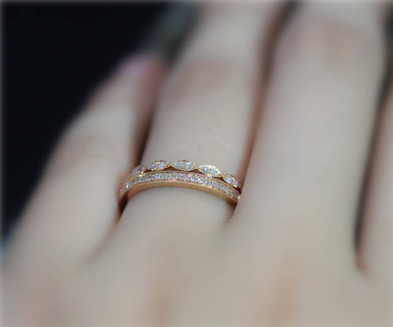 2 Stück Rotgold Diamant Ehering Set Solid 14K Gold Ringschiene Diamanten Verlobungsring Eingestellten Festgelegt, Welche Band Eine Halbe Ewigkeit von NidaRings