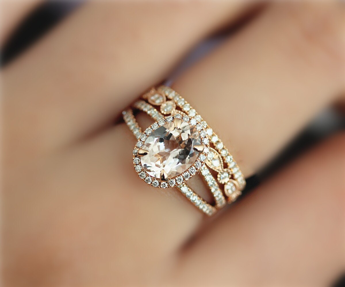3 Ringe Handgemachte Set 7x9mm Oval Geschnittenen Natürliche Vs Morganit Ring Verlobungsring Solide 14K Rose Gold Braut Einzigartige Geschenk-Set von NidaRings