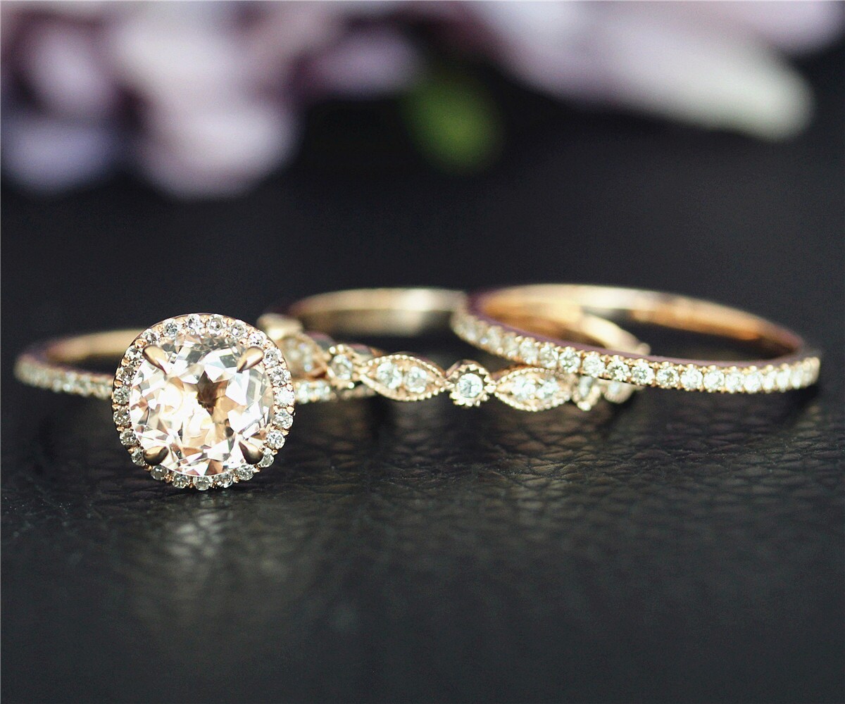 3 Ringe Handgemachter Set 7mm Rund Geschnitten Natürlichen Vs Morganit Ring Verlobungsring Solide 14K Rose Gold Braut Einzigartiges Geschenk von NidaRings