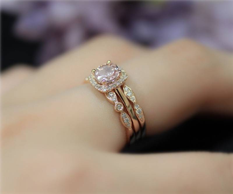 3 Ringe Set Natürliche Vs Morganit Diamanten Ring Set Für Das Engagement, Die Solide 14K Rose Gold Ehering Verlobungsring Hochzeit von NidaRings