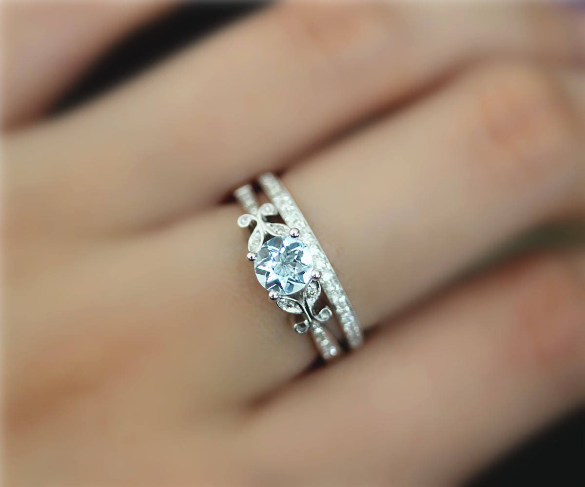 5mm, Die Runden Schnitt Vs Aquamarin Ring Massiv 14 K Weißgold Verlobungsring Gesetzt Diamanten Hochzeit Set Promise von NidaRings