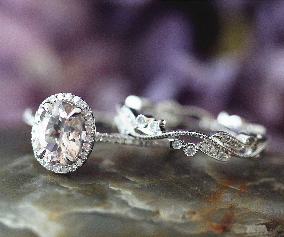 7x9mm Set Oval Vs Echte Rosa Morganit Ring Set, Solide 14 K Weißgold Ringset, Verlobungsring, Ehering Braut Gesetzt, Geschenk von NidaRings
