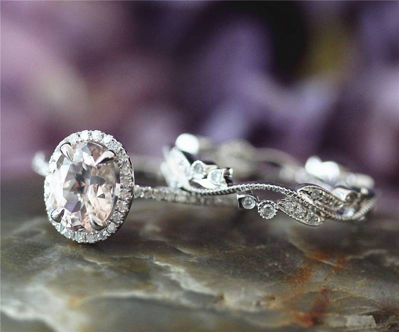 7x9mm Set Oval Vs Echte Rosa Morganit Ring Set, Solide 14 K Weißgold Ringset, Verlobungsring, Ehering Braut Gesetzt, Geschenk 7x9mm Set Oval Vs Echte Rosa Morganit Ring Set, Solide 14 K Weißgold Ringset, Verlobungsring, Ehering Braut Gesetzt, Geschenk von NidaRings