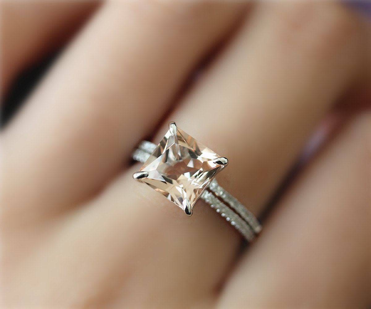 8mm Princess-Schliff Morganit Natürliche Vs Rosa Ring Set, Massiv 14K White Gold Verlobungsring Set Hochzeit Ringset Bridal Festgelegt, Geschenke von NidaRings
